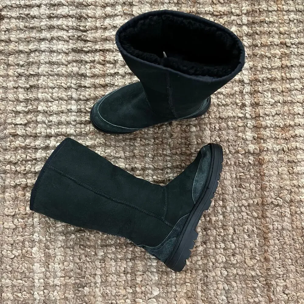 UGG Ultra Tall Revival Boots Black Sheepskin Wool Braid Back Women's 9 12